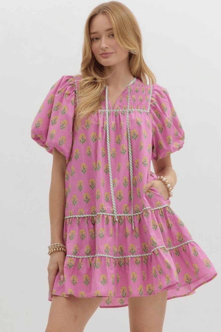 Entro Pink Aubrie Floral Short Puff Sleeve Mini Dress Women's Size Large